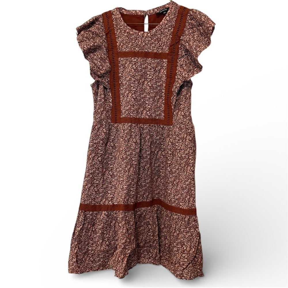 Madewell Floral Flutter-Sleeve Mini Dress Womens Large Cottage Garden Rust Brown - Picture 3 of 11